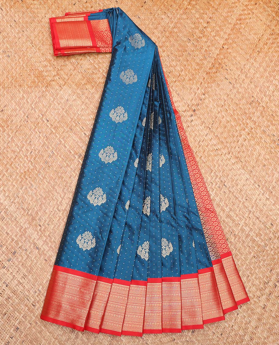 Blue Budget Silk Saree, Adorned with Zari Buttas All Over Its Body, Complemented by a Contrast Traditional Zari Design Border, Intricately Designed Pallu, and Paired with a Contrast Blouse