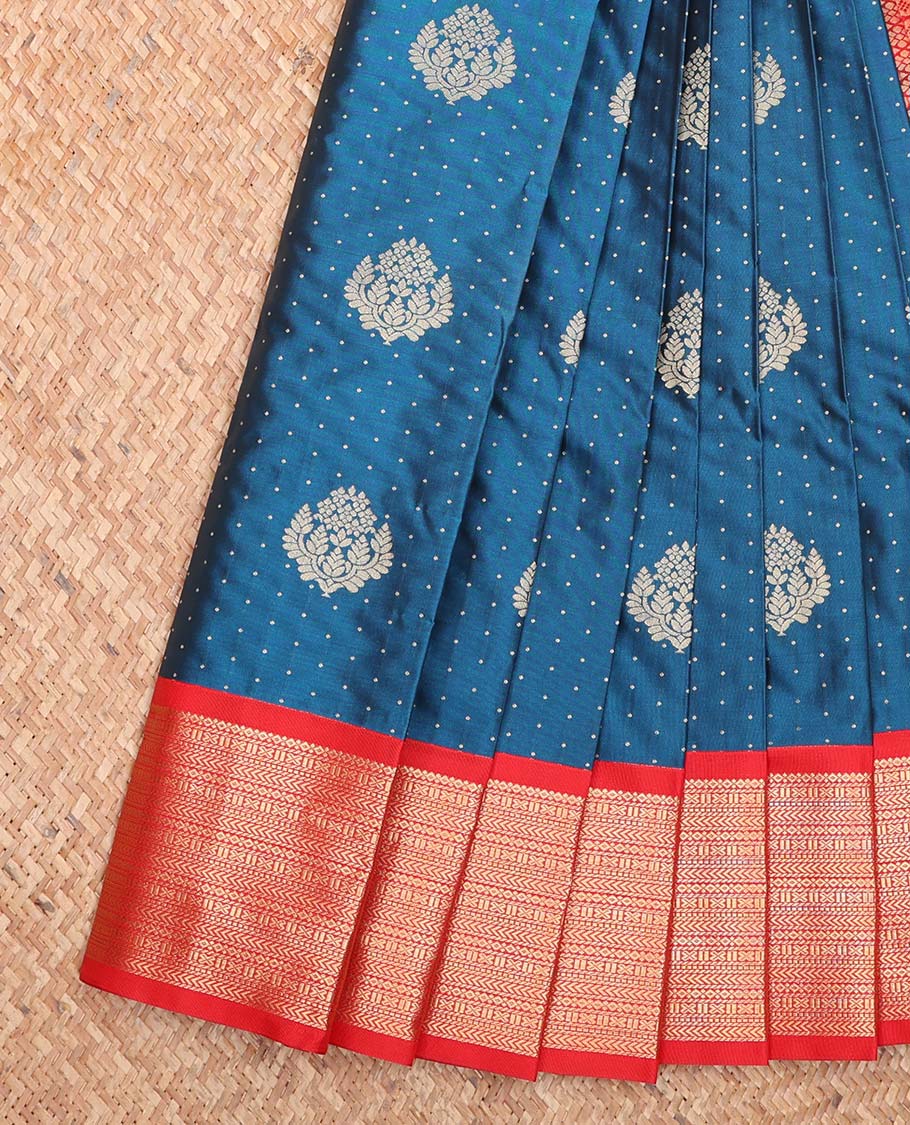 Blue Budget Silk Saree, Adorned with Zari Buttas All Over Its Body, Complemented by a Contrast Traditional Zari Design Border, Intricately Designed Pallu, and Paired with a Contrast Blouse