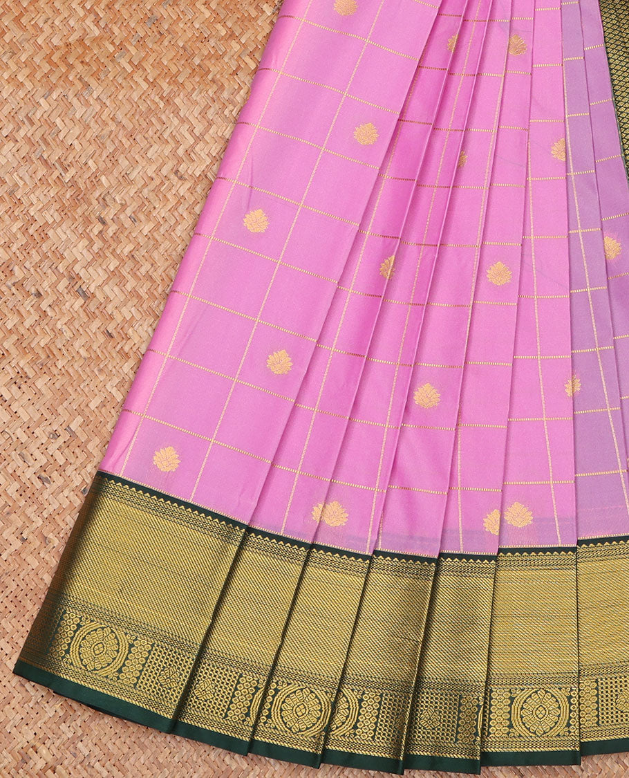 Pink Budget Silk Saree, Masterfully Woven with Zari Butta Enclosed Checks on Its Body, Complemented by a Contrast Traditional Zari Design Border, Jaal Pallu, and Paired with a Contrast Blouse