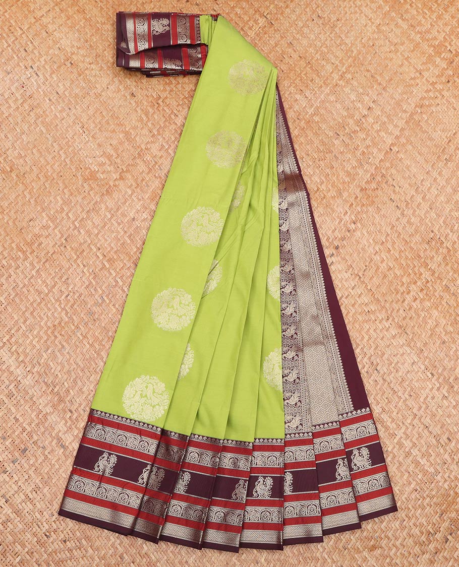 Green Budget Silk Saree, Adorned with Round Zari Buttas All Over Its Body, Complemented by Captivating Contrast Border of Traditional Zari Designs, Grand Jaal Pallu, and Paired with a Contrast Blouse
