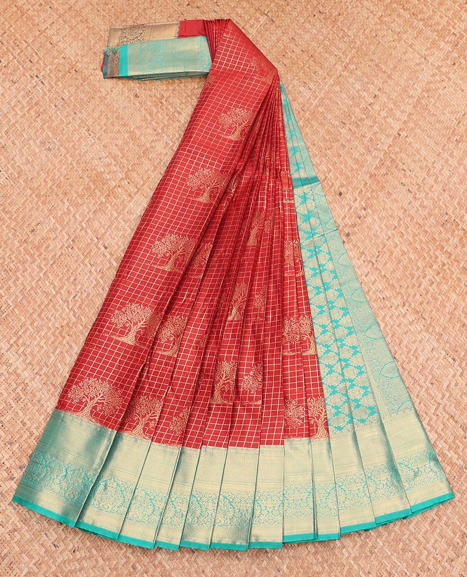 Red Budget Silk Saree, Gracefully Embellished with Tree Buttas and Checks, Complemented by Contrast Traditional Zari Border, Intricate Pallu, and a Contrast Blouse