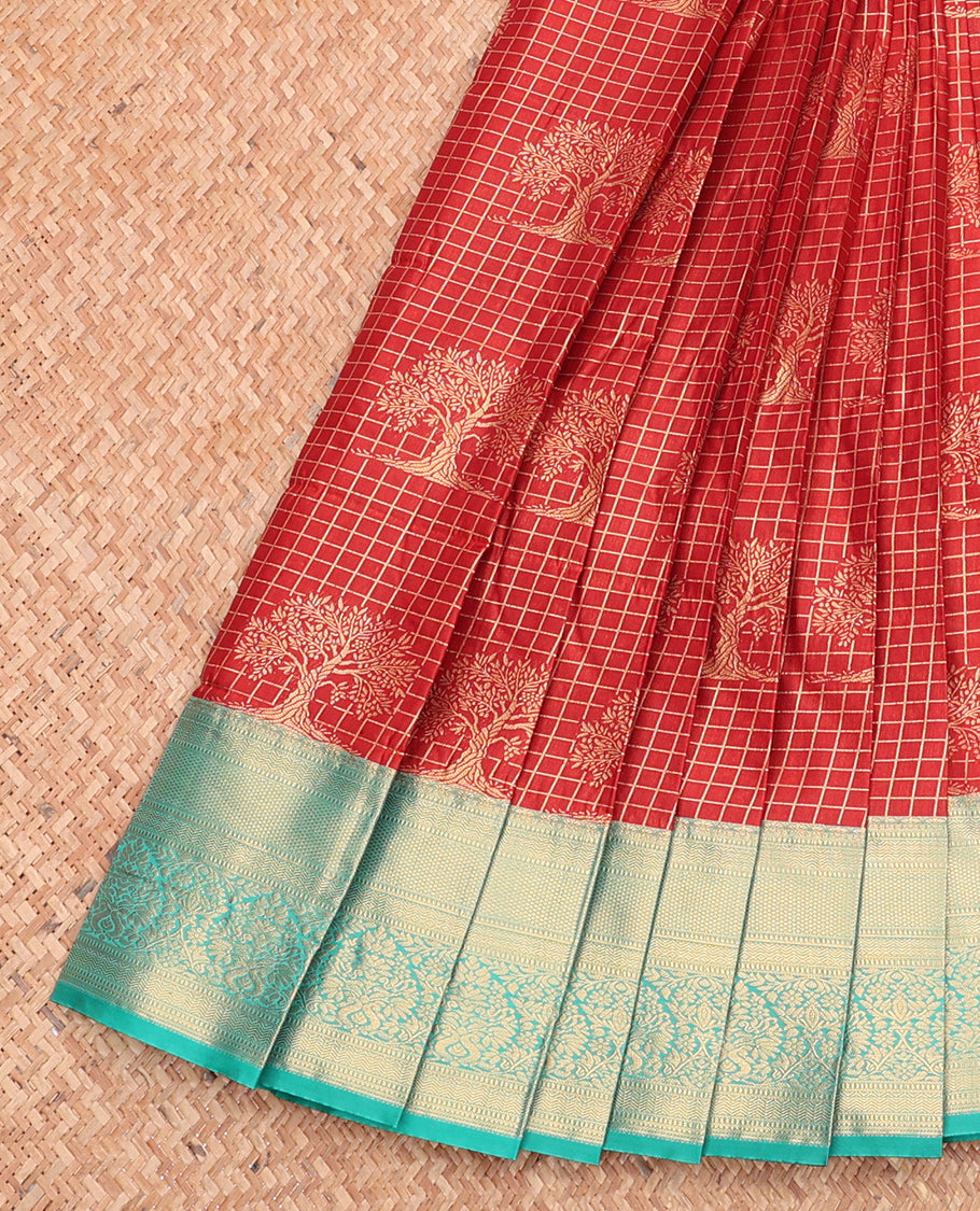 Red Budget Silk Saree, Gracefully Embellished with Tree Buttas and Checks, Complemented by Contrast Traditional Zari Border, Intricate Pallu, and a Contrast Blouse