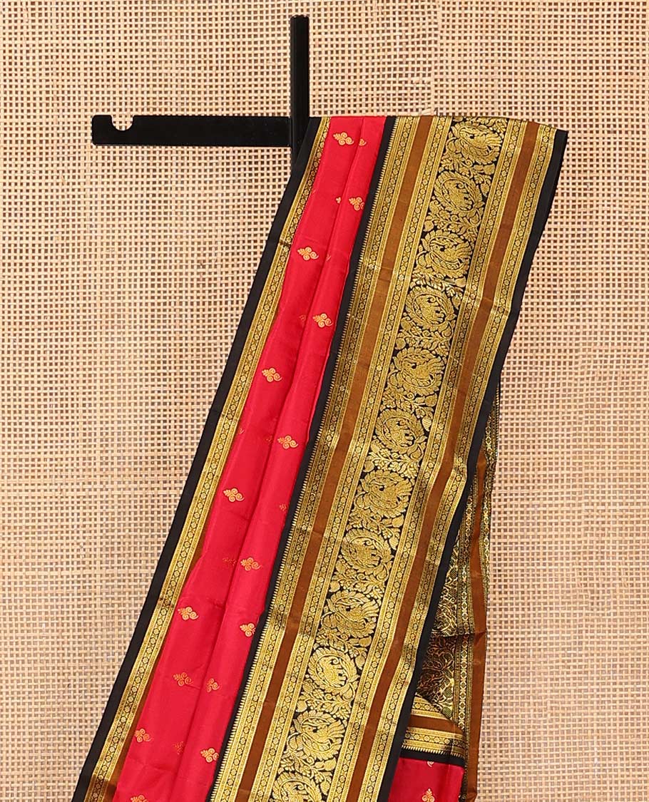 Red buttas Bangalore silk saree, contrast traditional zari border of peacocks, and pallu steeped with floral designs