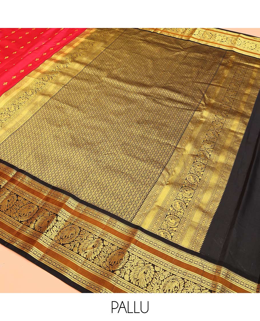 Red buttas Bangalore silk saree, contrast traditional zari border of peacocks, and pallu steeped with floral designs