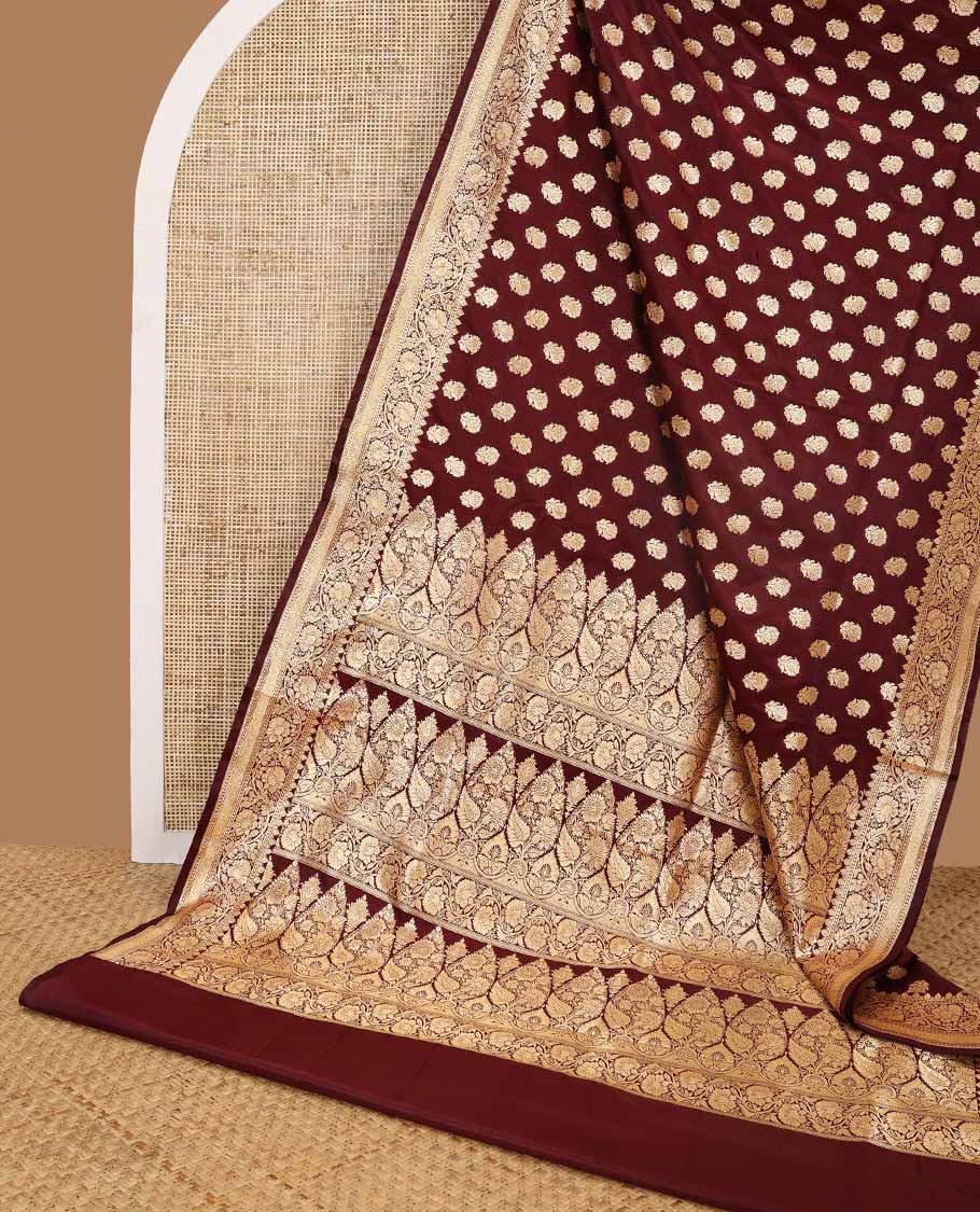 Maroon floral buttas semi banaras nylon saree with self intricate zari design border & floral design pallu