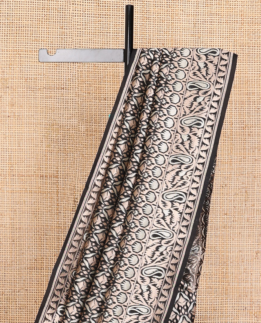 Black intricate brocade design weave handloom cotton saree, paisley motif border & intricate pallu