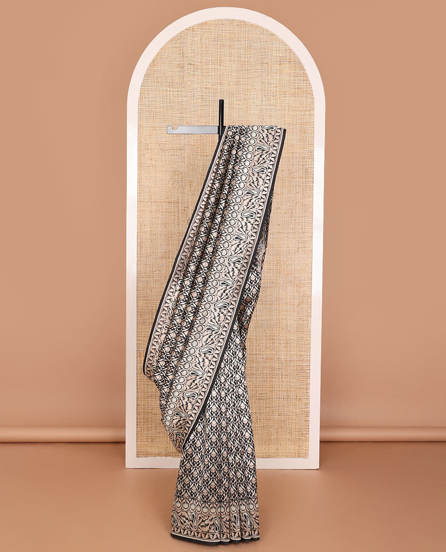 Black intricate brocade design weave handloom cotton saree, paisley motif border & intricate pallu