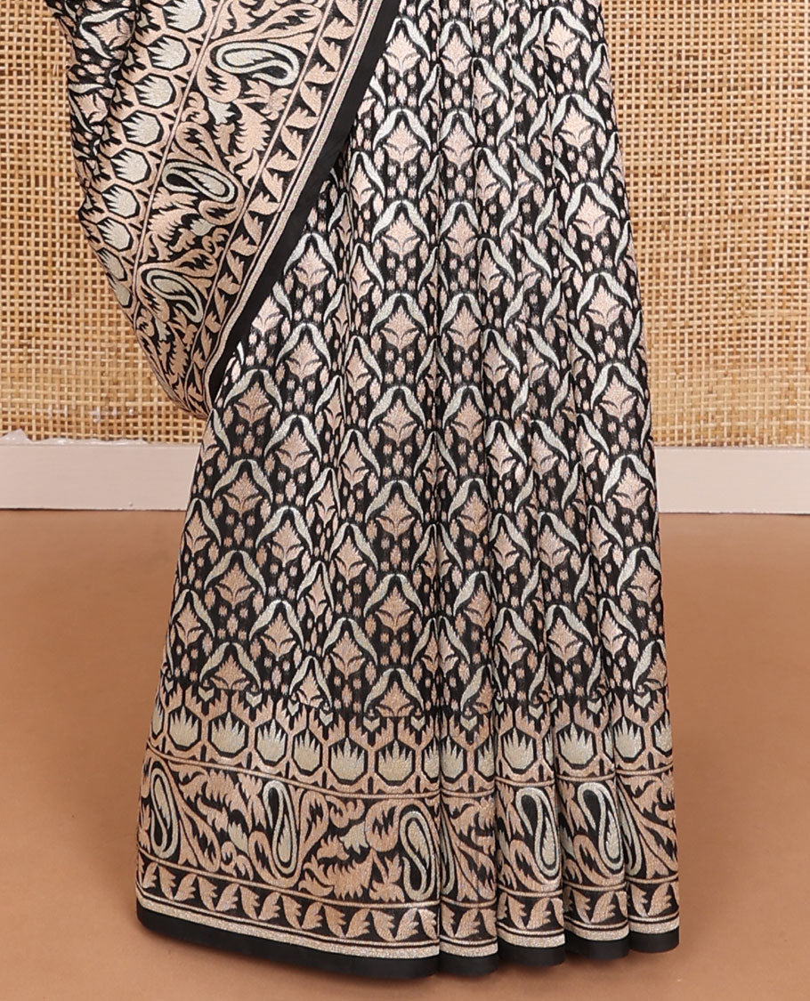 Black intricate brocade design weave handloom cotton saree, paisley motif border & intricate pallu