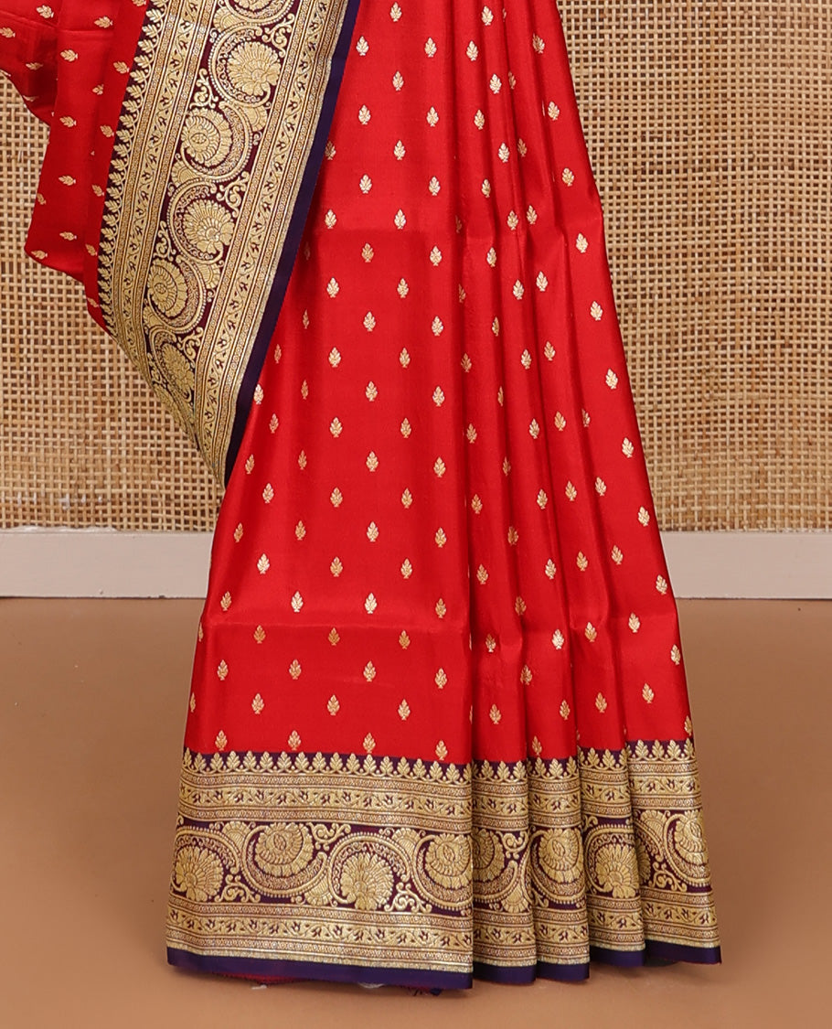 Red zari buttas banarasi silk saree, contrast traditional border of floral creeper design, and floral-paisley zari woven pallu