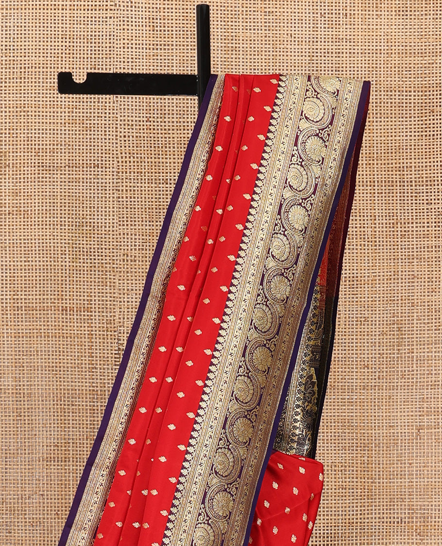 Red zari buttas banarasi silk saree, contrast traditional border of floral creeper design, and floral-paisley zari woven pallu