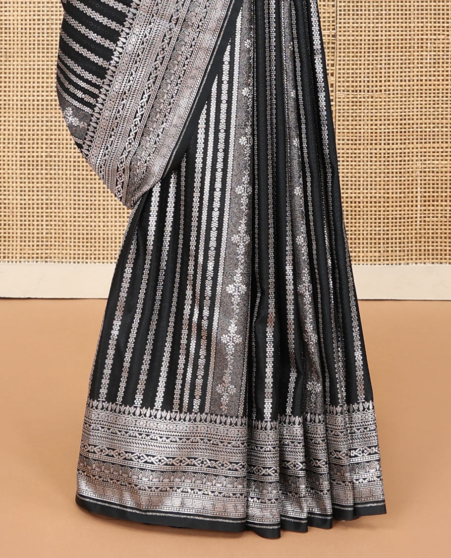 Black geometric jacquard satin silk saree, zari border and pallu steeped with traditional zari designs