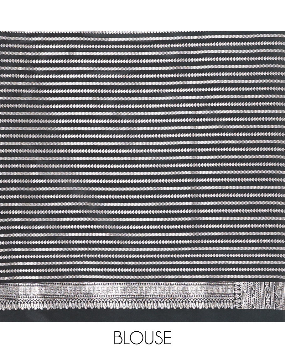 Black geometric jacquard satin silk saree, zari border and pallu steeped with traditional zari designs