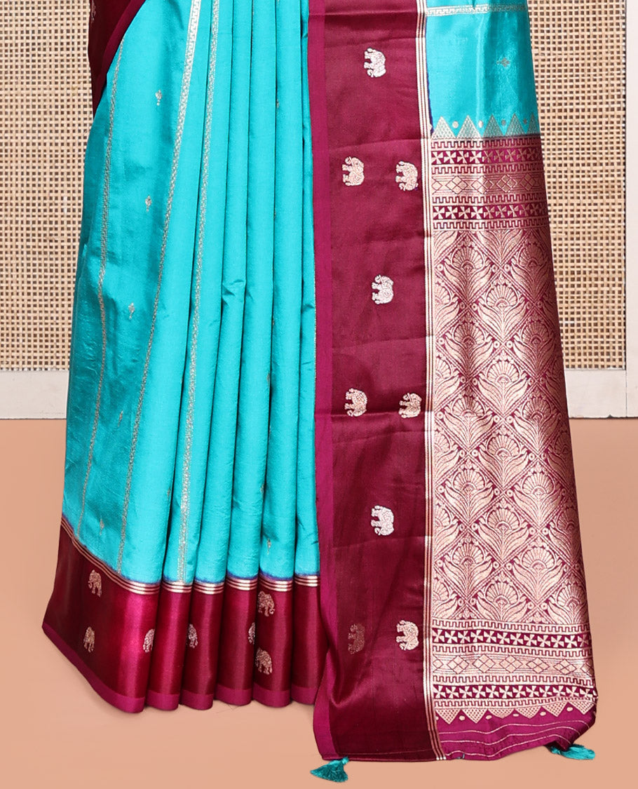 Blue Satin Silk Saree, Adorned with Buttas and Stripes, Complemented by a Contrast Elephant Motif Border, Grand Jaal Pallu, and a Contrast Blouse
