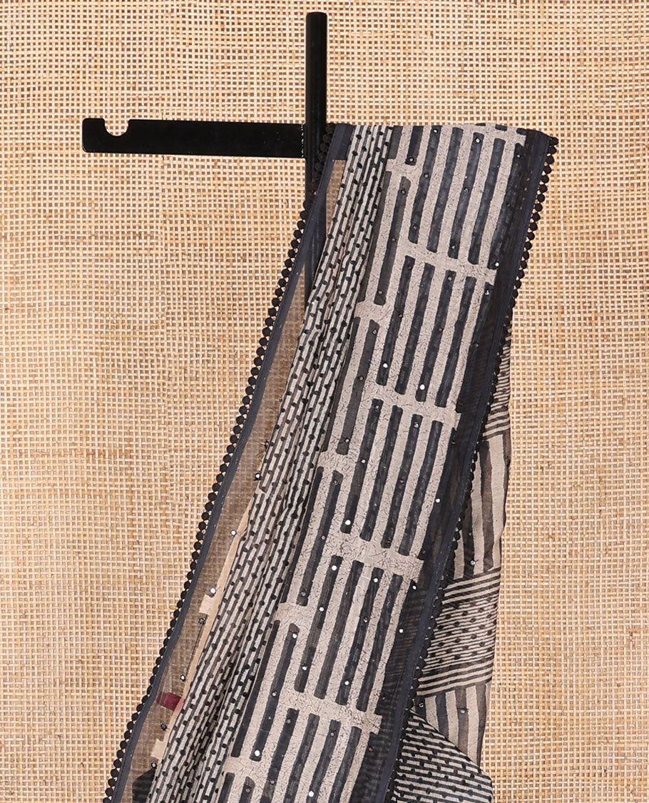Black geometric design chanderi cotton saree with contrast geometric design, sequins work border & geometric design, sequins work pallu