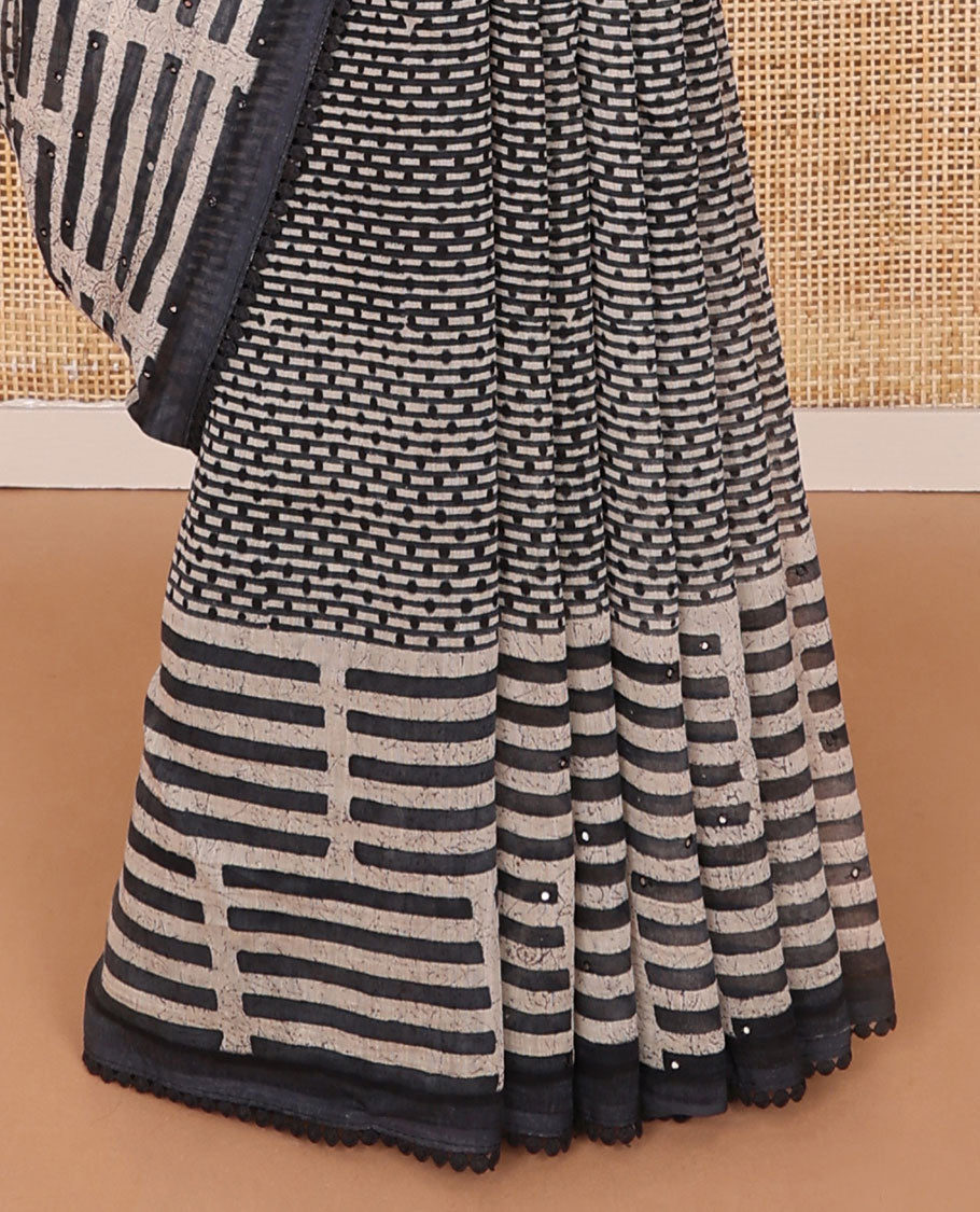 Black geometric design chanderi cotton saree with contrast geometric design, sequins work border & geometric design, sequins work pallu