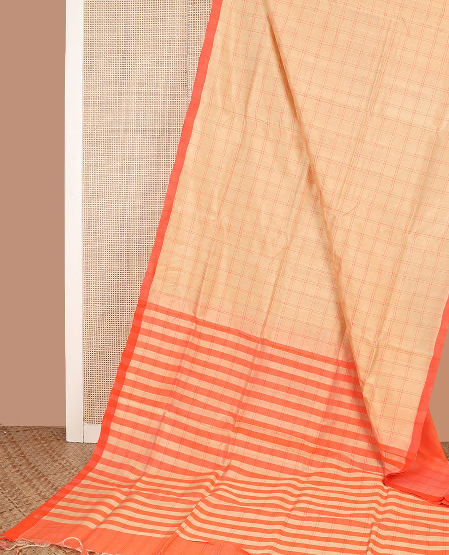 Sandal checked cotton saree, contrast plain border, and striped pallu