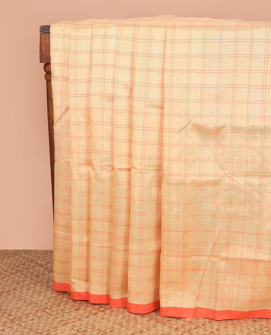 Sandal checked cotton saree, contrast plain border, and striped pallu
