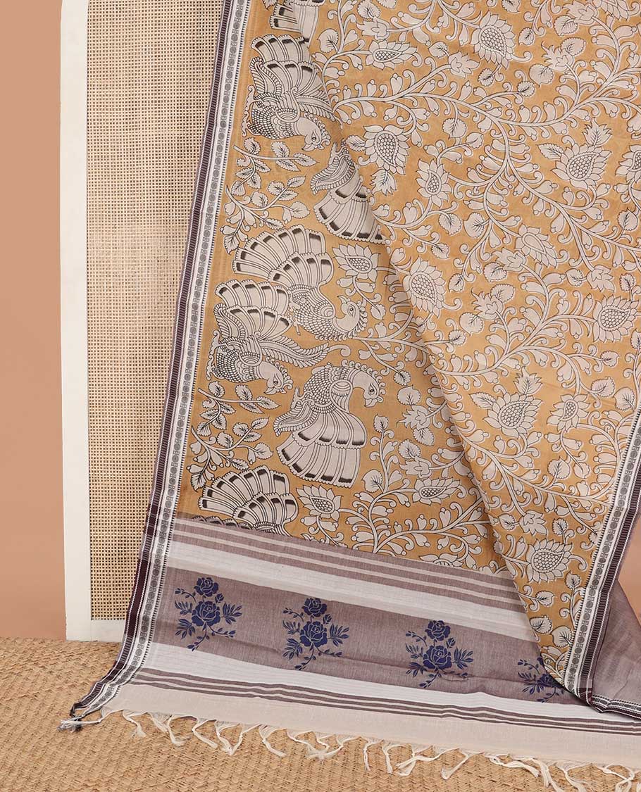 Mustard kalamkari-style floral vine & peacock chirala cotton saree, contrast traditional design border & floral design pallu