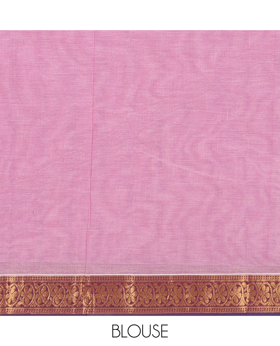 Pink unique designs Kanchi cotton saree, contrast traditional zari border, and scallop design pallu