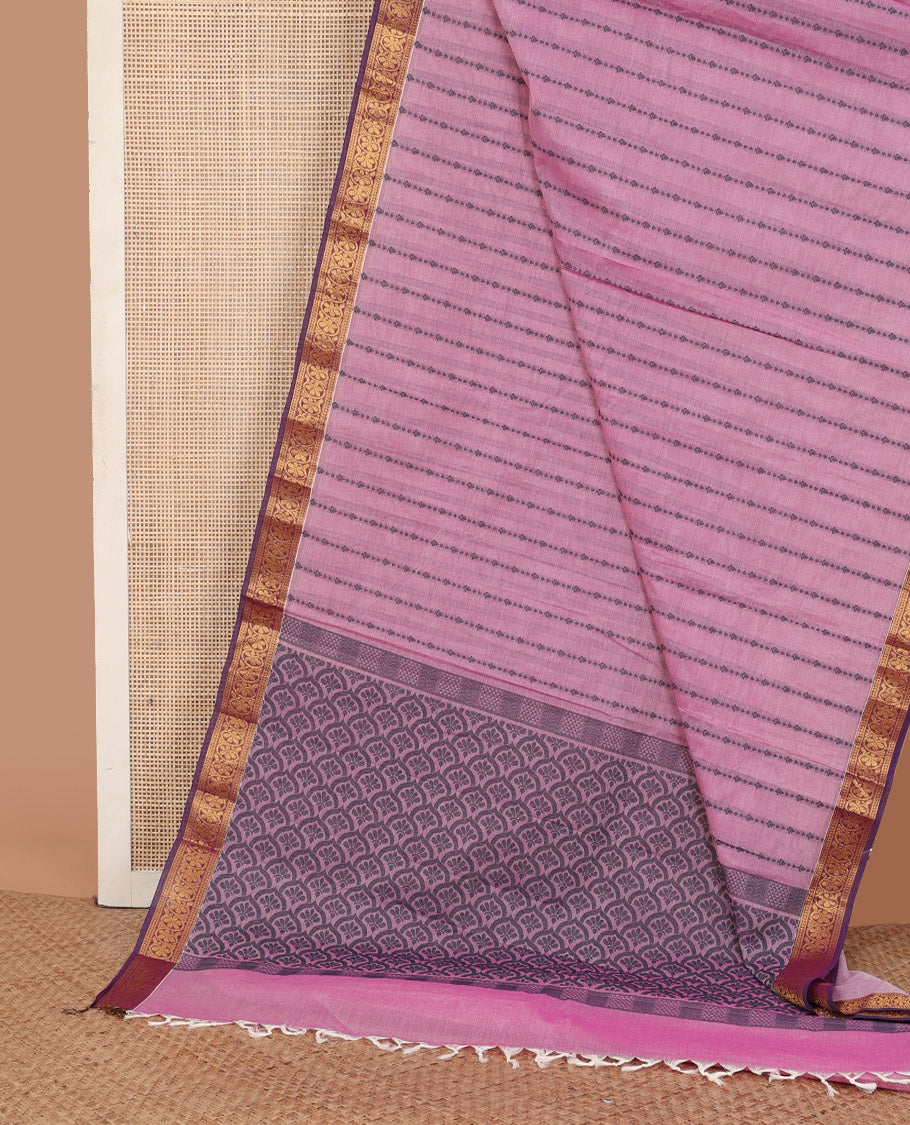 Pink unique designs Kanchi cotton saree, contrast traditional zari border, and scallop design pallu