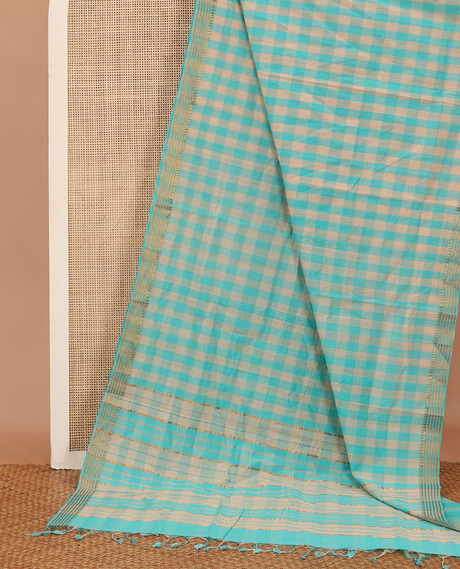 Multi-color medium checked Mangalagiri Cotton saree, temple border, and striped pallu