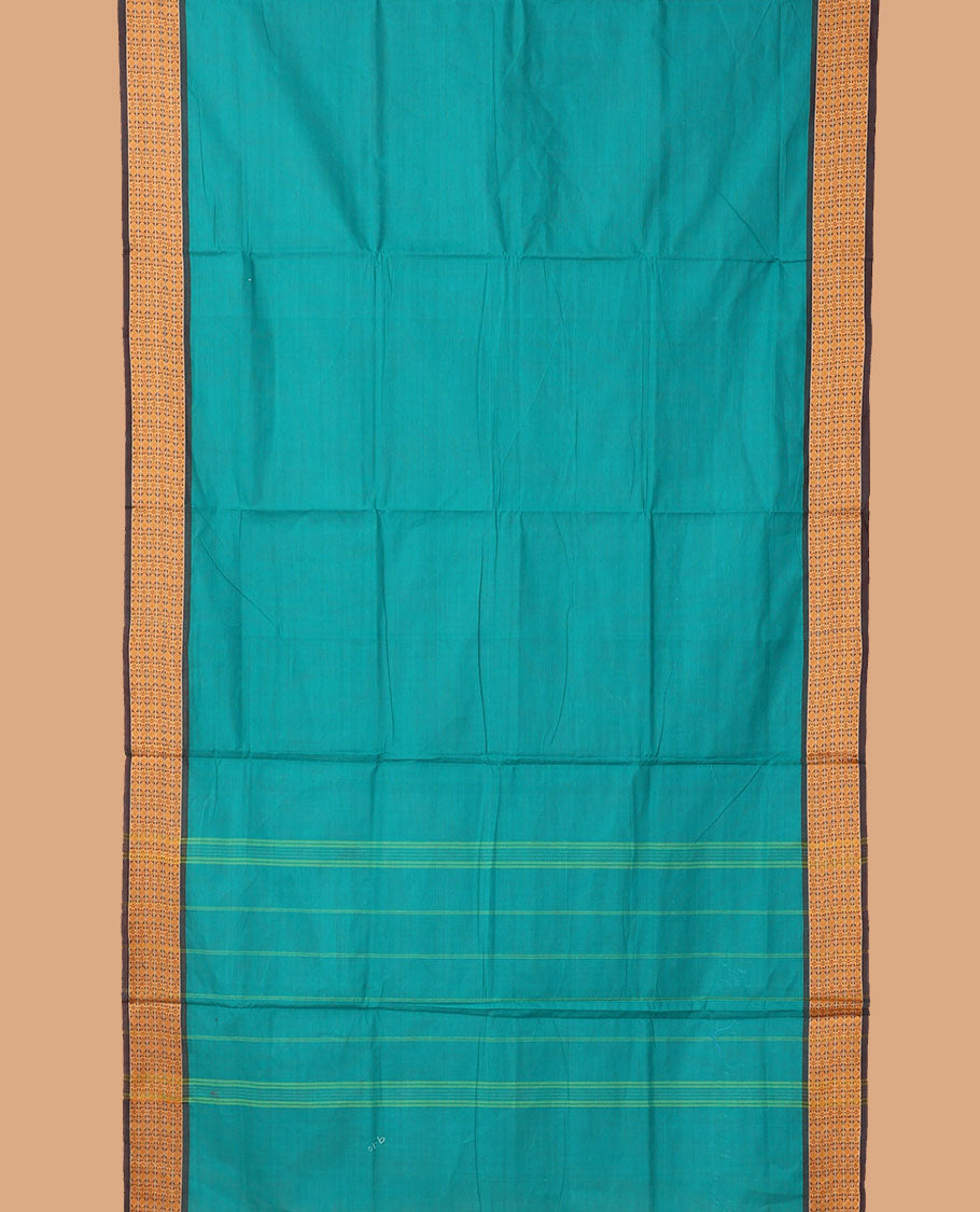 Blue plain nine-yard cotton saree, contrast kamalam and rudraksham border, and striped pallu