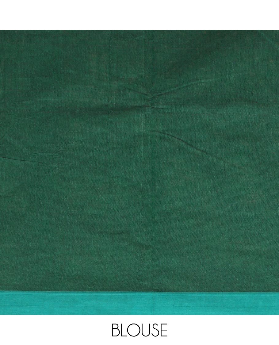 Green leaf, stripes, and elephant motifs Kanchi cotton saree, contrast plain border, and pallu of tree, and floral motifs