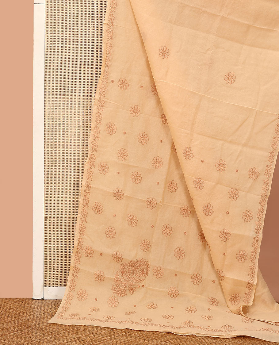 Sandal flowers thread embroidered Lucknowi chikankari saree, floral design border, and flora-paisley embroidered pallu