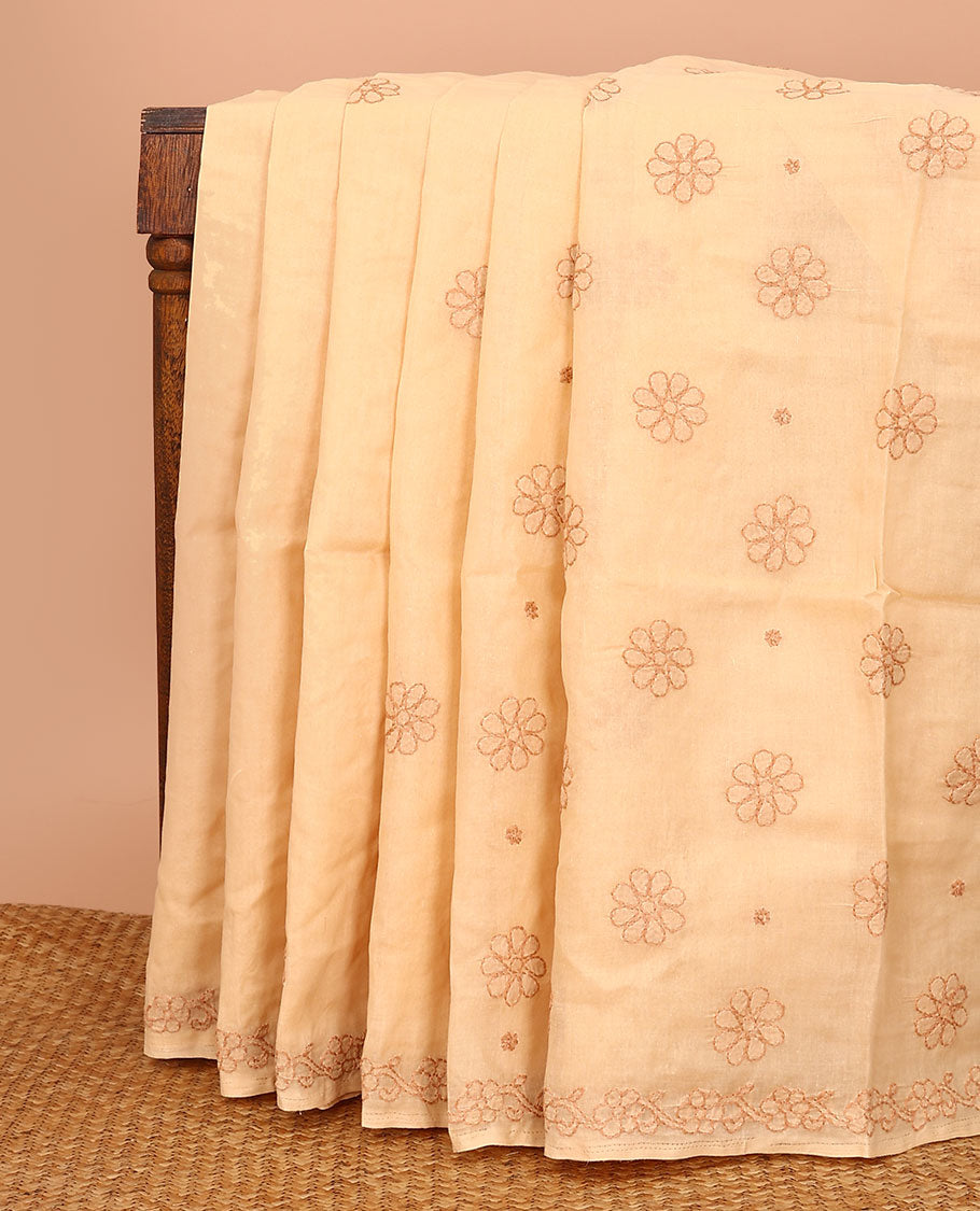 Sandal flowers thread embroidered Lucknowi chikankari saree, floral design border, and flora-paisley embroidered pallu