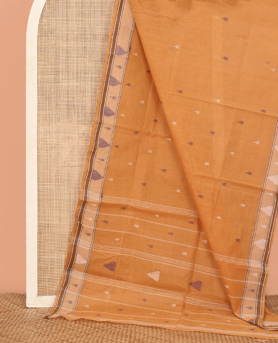 Mustard Bengal Cotton Saree, Subtly Woven with Thread Buttas, Contrast Temple Border, Striped Pallu, and No Blouse