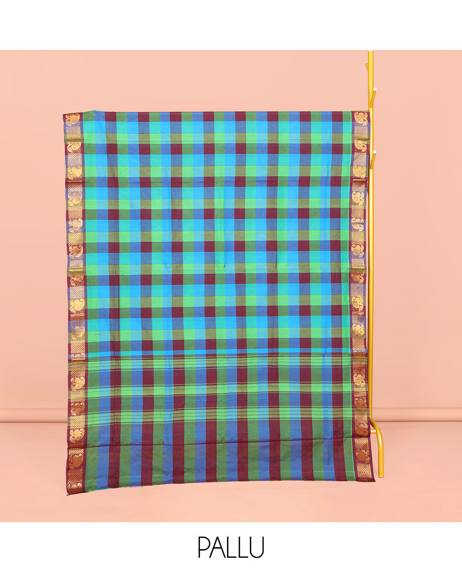Multi-Color Chettinad Cotton Saree, Elevated with Checks, Highlighted by Traditional Zari Border, Striped Pallu, and No Blouse