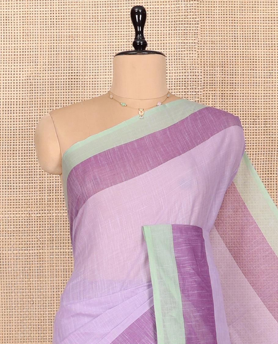 Lavender Plain Andhra Cotton Saree, Complemented by a Contrast Border, Striped Pallu, and a Matching Blouse