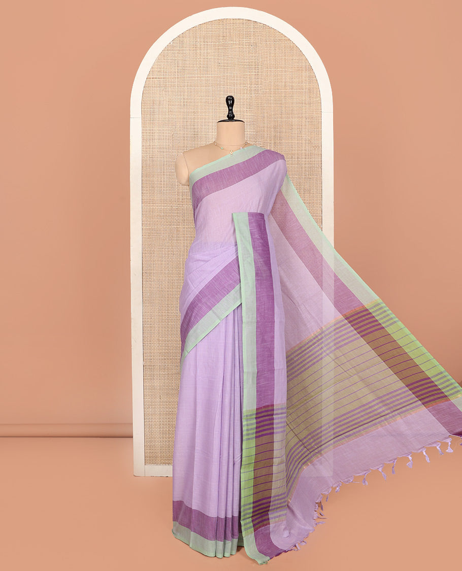 Lavender Plain Andhra Cotton Saree, Complemented by a Contrast Border, Striped Pallu, and a Matching Blouse