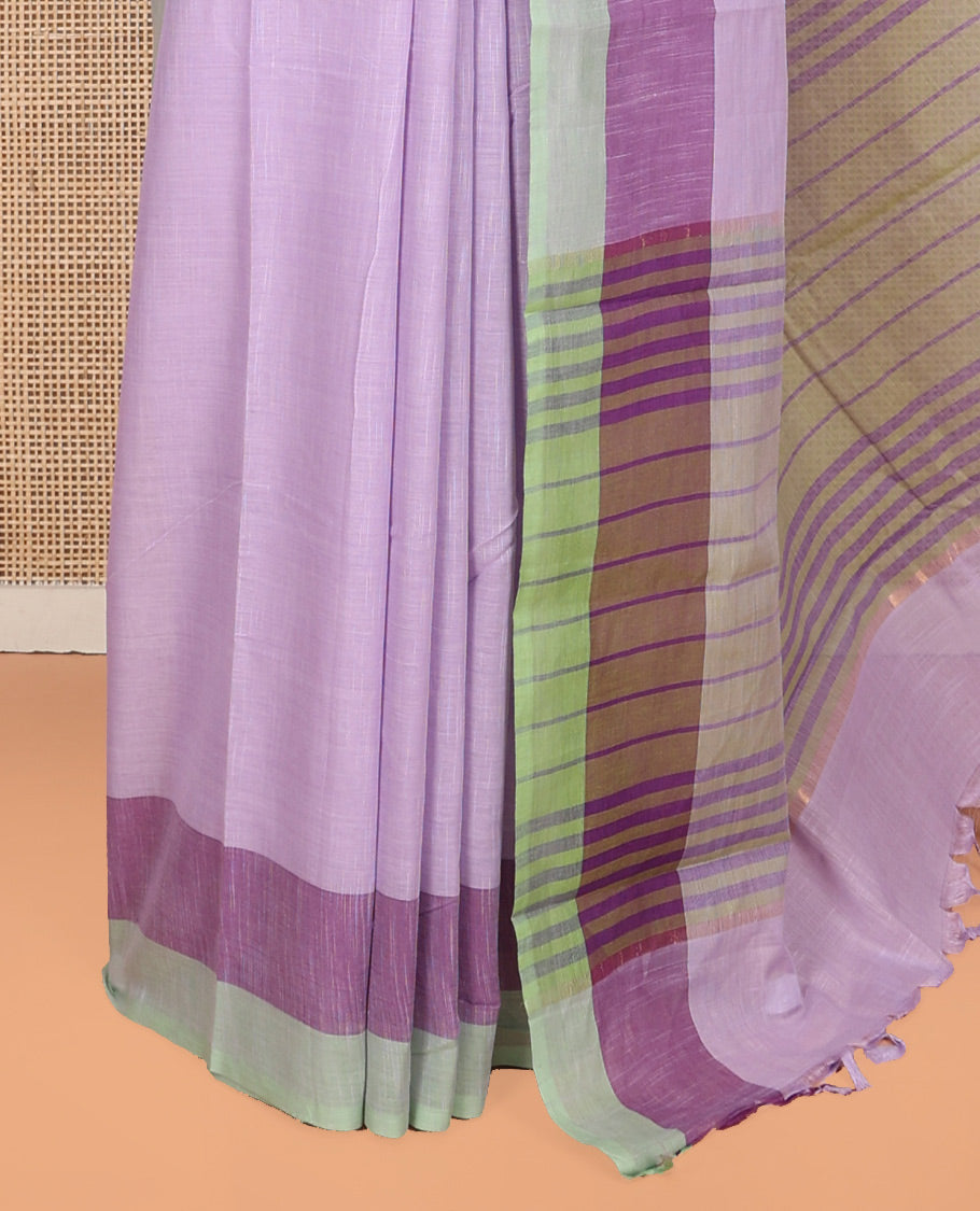 Lavender Plain Andhra Cotton Saree, Complemented by a Contrast Border, Striped Pallu, and a Matching Blouse