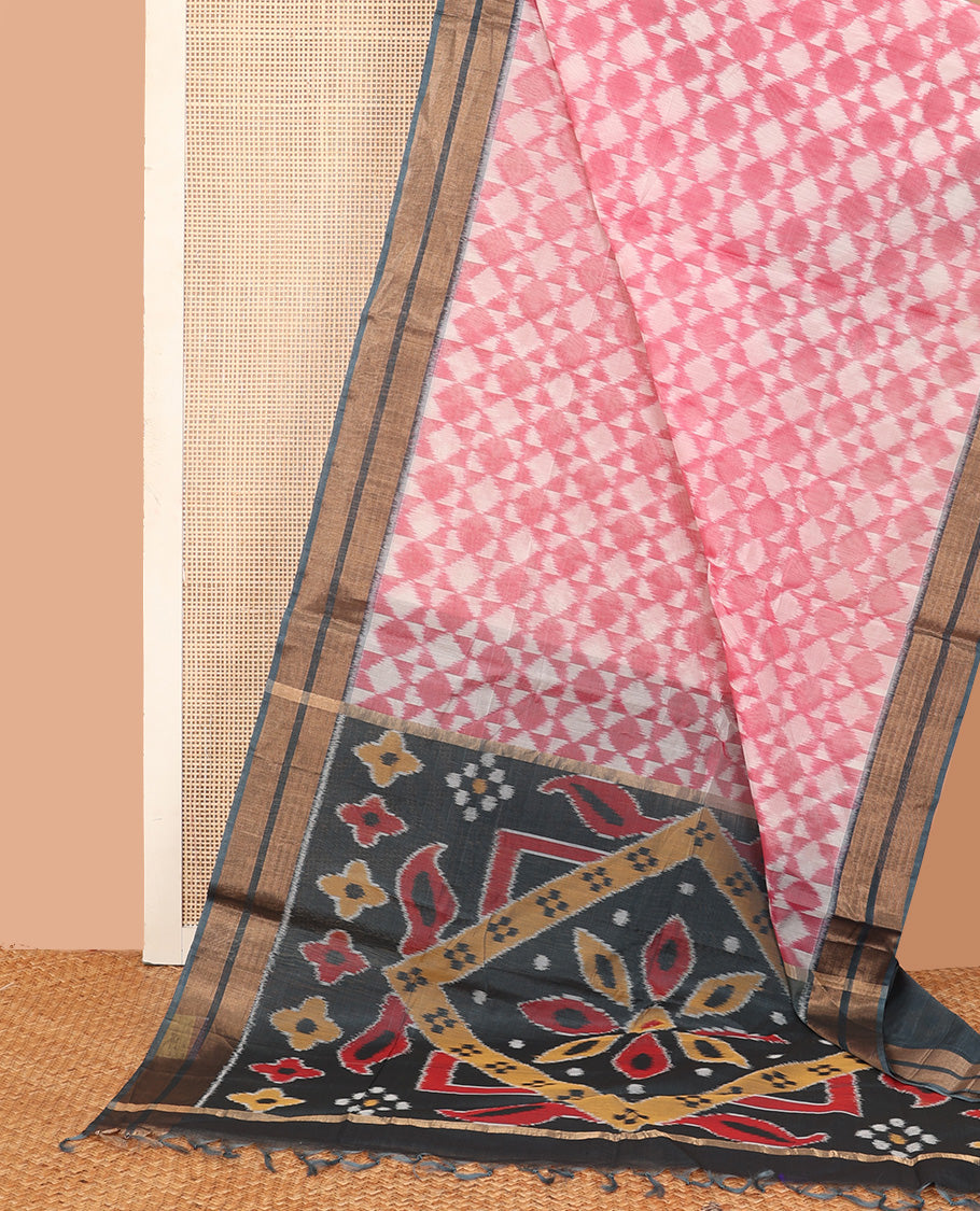 Blue Pochampally Ikkat-style designed silk cotton saree, contrast border, and ikkat design pallu