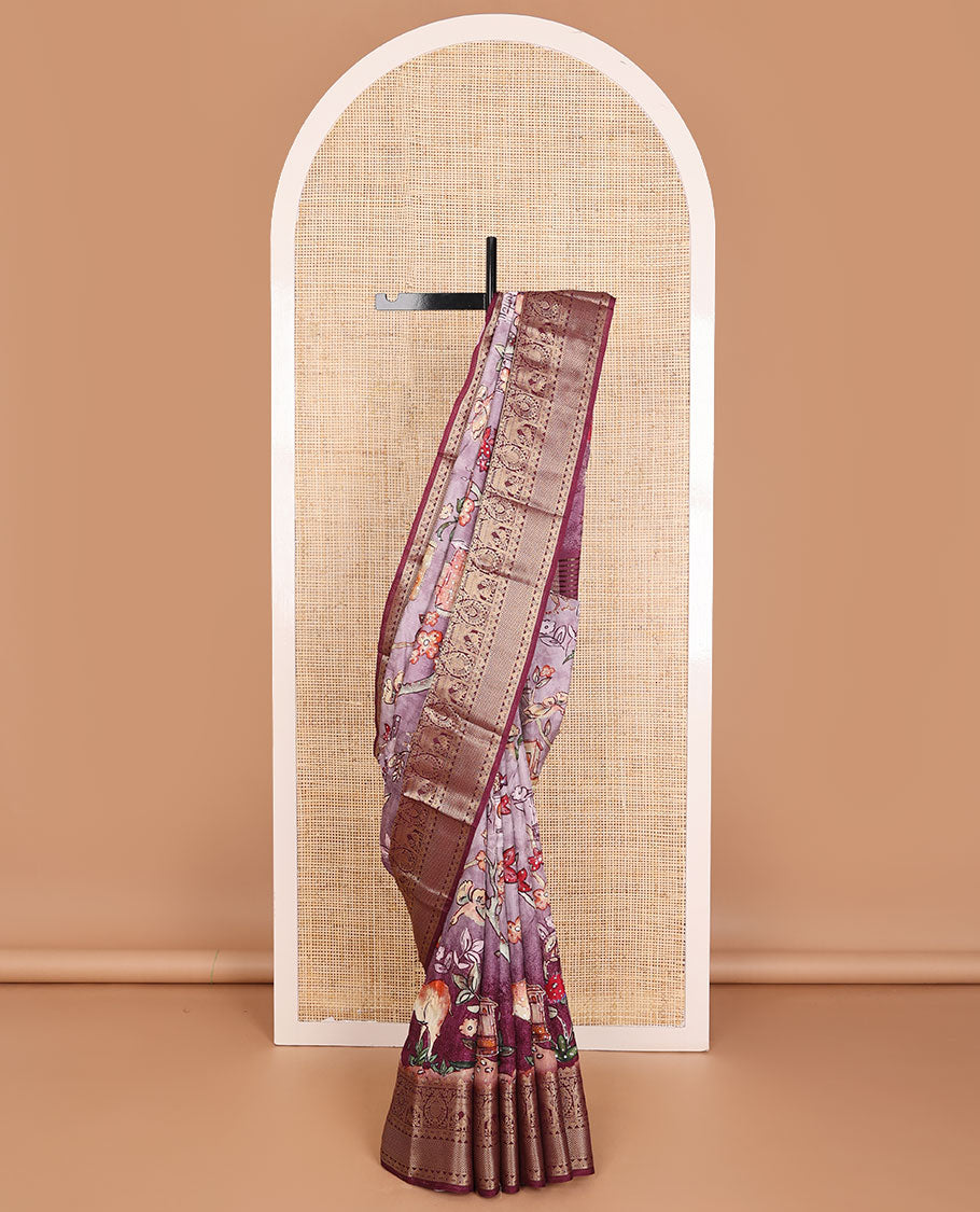 Purple floral & fauna printed with sequin embroidered dola silk saree, contrast traditional zari design border & zari striped pallu