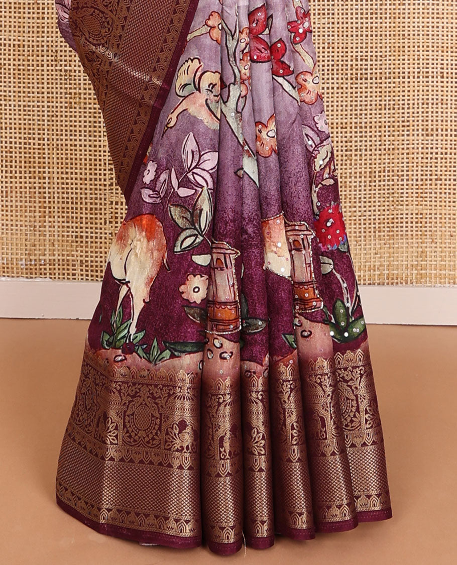 Purple floral & fauna printed with sequin embroidered dola silk saree, contrast traditional zari design border & zari striped pallu
