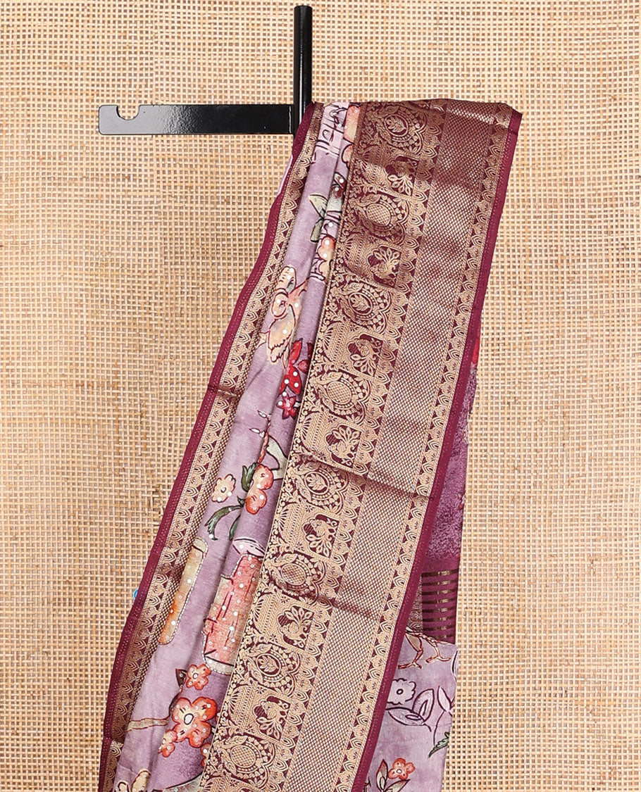 Purple floral & fauna printed with sequin embroidered dola silk saree, contrast traditional zari design border & zari striped pallu