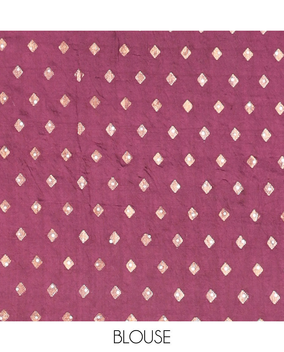 Purple floral & fauna printed with sequin embroidered dola silk saree, contrast traditional zari design border & zari striped pallu