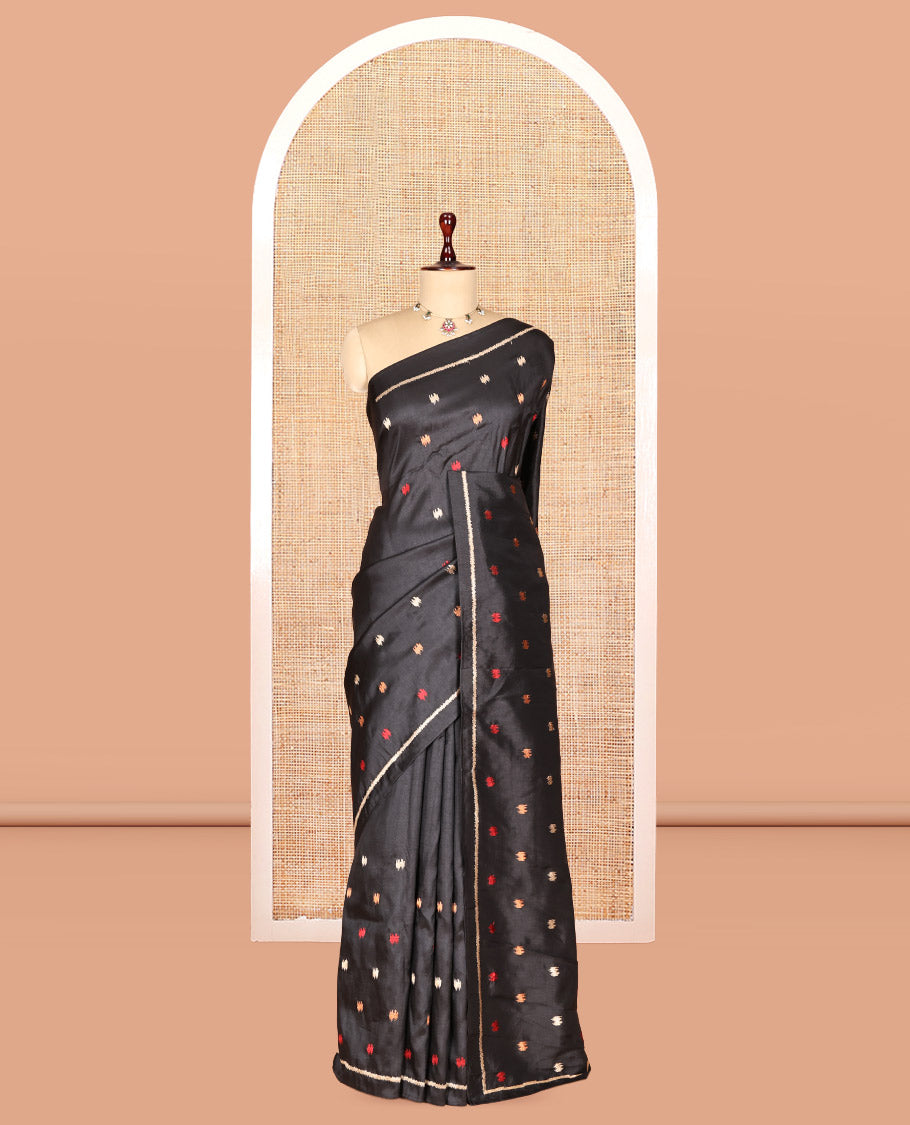 Black Matka Silk Saree Features Thread Buttas, a Self-Border, Pichwai Cow Pallu, Matching Blouse