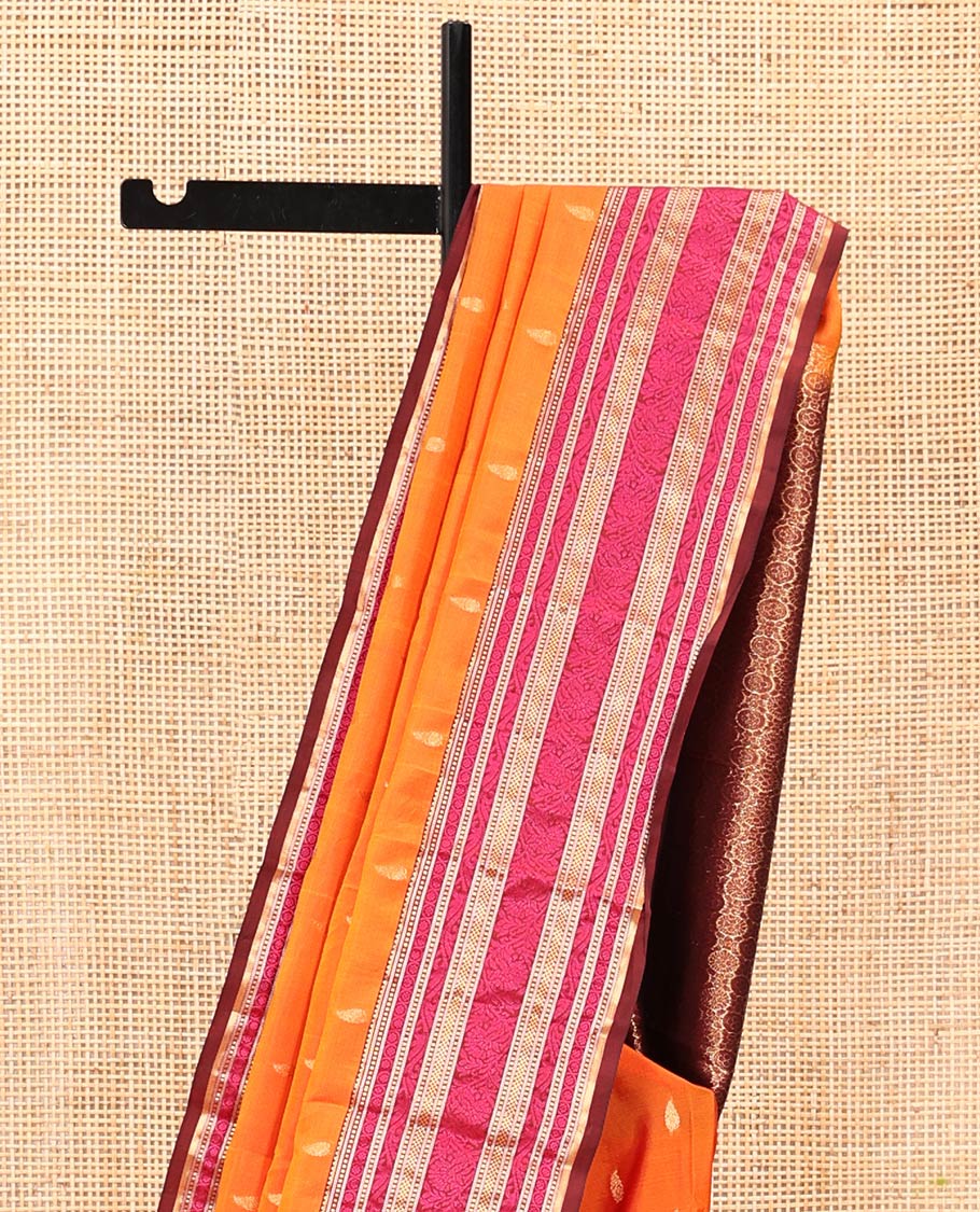 Orange Zari Buttas Vasundhara Lite Silk Mix Saree, Contrast Temple Traditional Border, Chakra Pallu, a Contrast Blouse