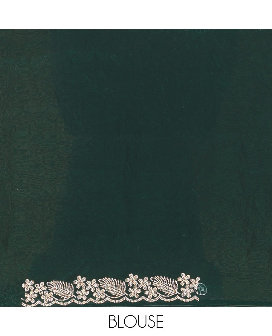 Deep forest green micro stone embedded designer saree, scallop Crystal stones border of floral and leaf motifs