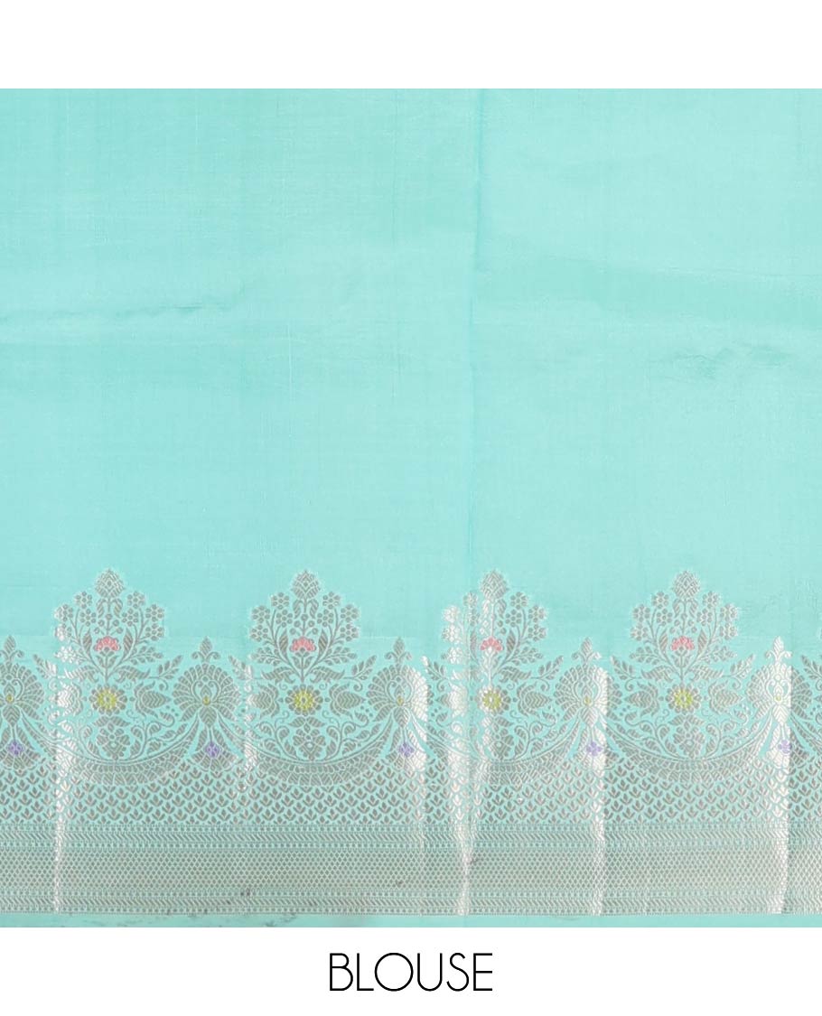 Blue floral buttas raw mango silk saree, contrast traditional zari design meenakari border, and floral bouquet pallu