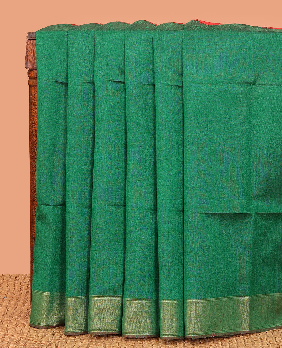 Green plain dupion saree, contrast zari striped temple border, and zari striped pallu