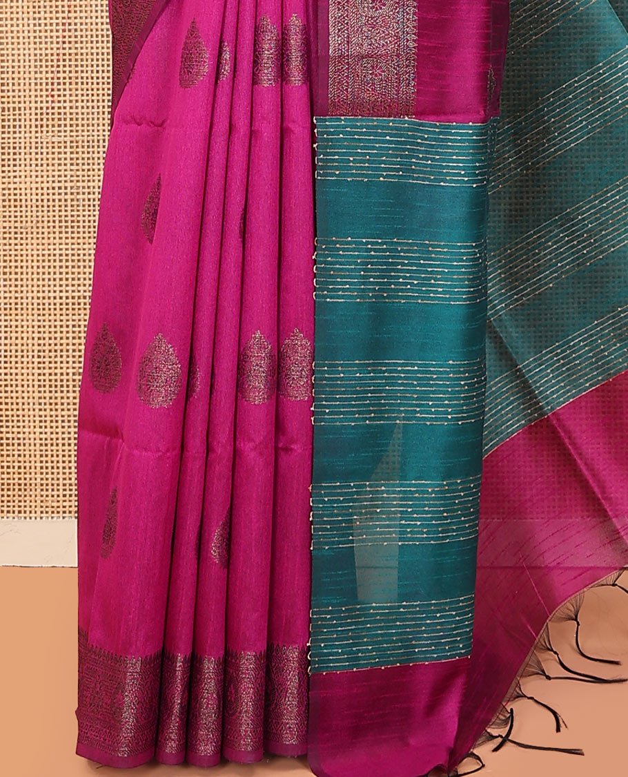 Pink zari buttas art dupion saree, traditional zari border, and contrast sequins striped pallu