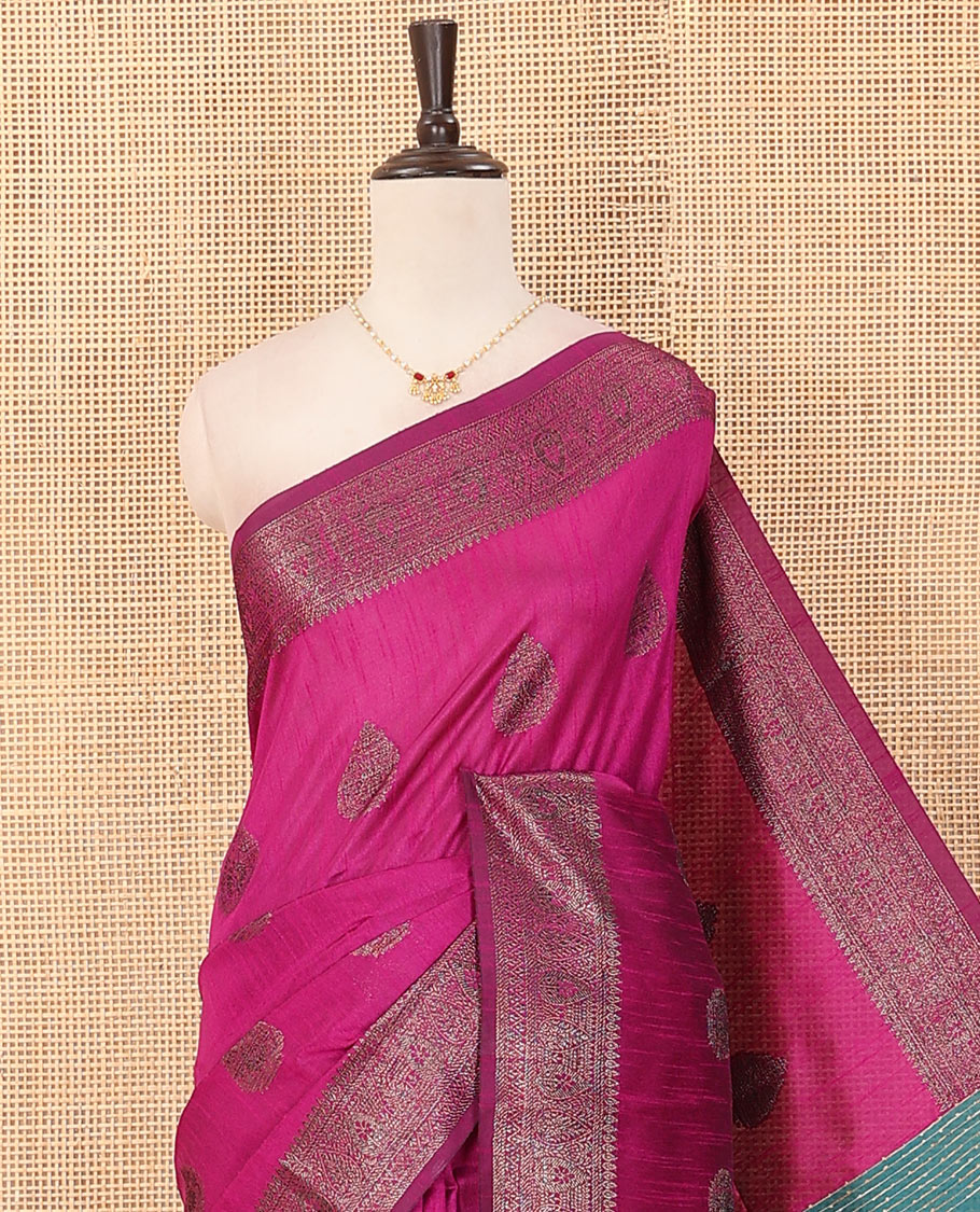 Pink zari buttas art dupion saree, traditional zari border, and contrast sequins striped pallu