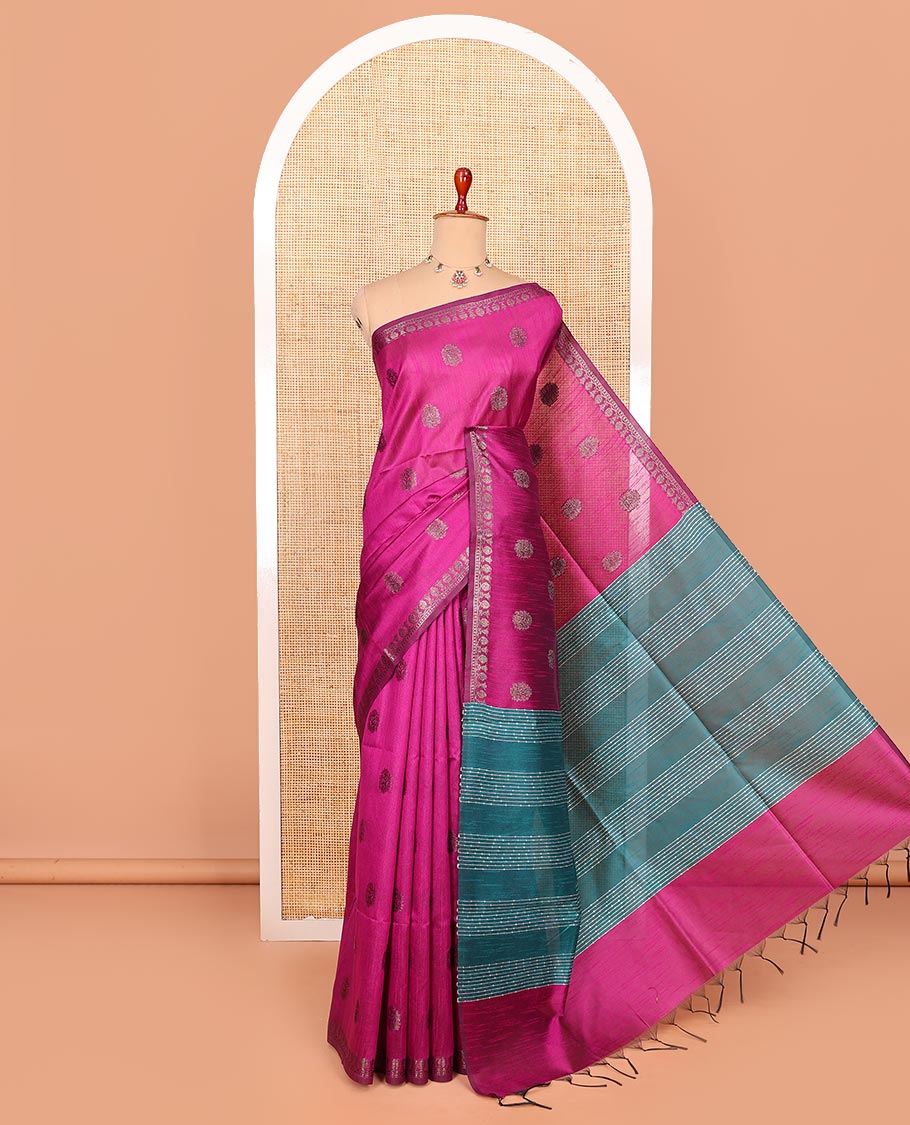 Rani Pink Semi-Dupion Saree Accentuated with Buttas All Over Its Body, Complemented by Subtle Self-Border, Contrast Pallu Featuring Sequin Stripes, and Paired with a Contrast Blouse