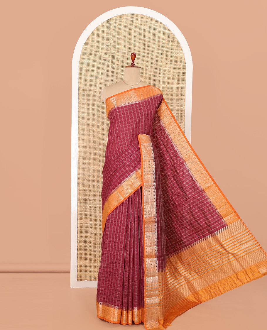 Red Semi-Banarasi Dupion Saree, Adorned with Checks, Complemented by a Contrast Traditional Design Border, Striped Pallu, and Paired with a Contrast Blouse