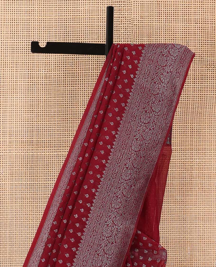 Maroon zari buttas fancy saree, zari floral creeper border, and floral jaal pallu