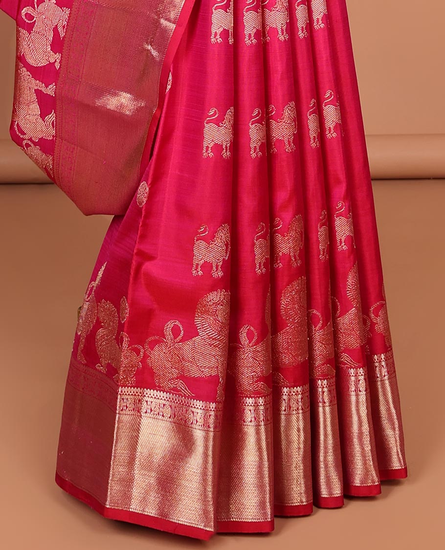 Red animal buttas kanchipuram designer silk saree with self border of sombu, paun, mayil, banaras, mayil kann design & zari design pallu